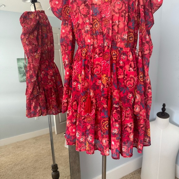 Floral Flying Tomato Dress Ruffled Puffy Shoulder Feminine Cocktail Size M - Picture 6 of 8